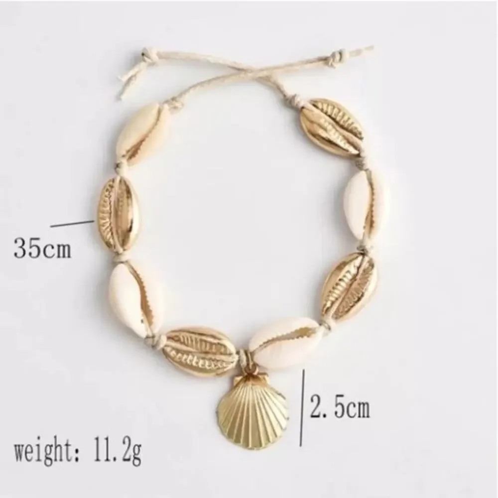 6 Seashell Anklet Bracelets OSFA black cord tie closure half shells silver gold - Picture 4 of 8